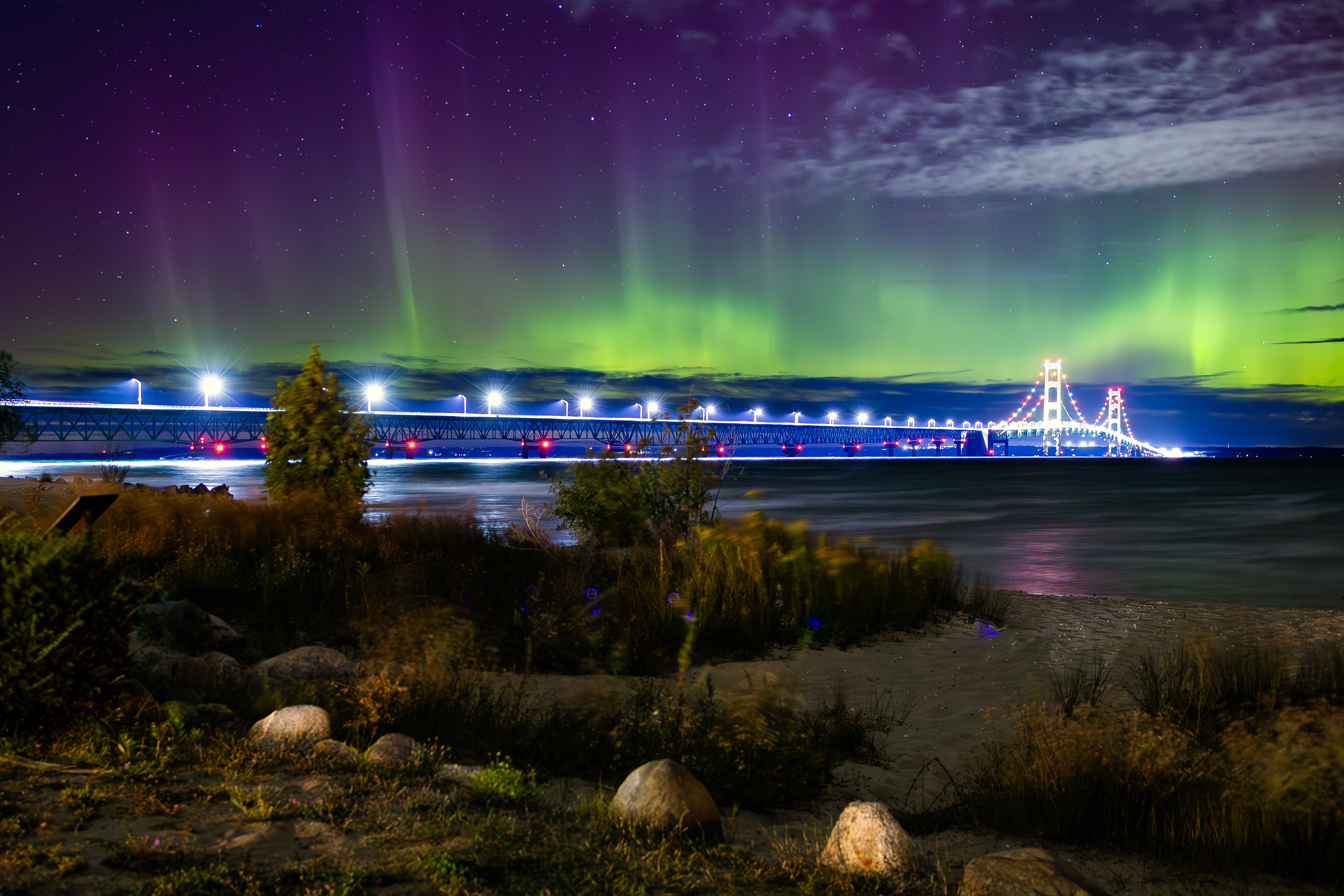 Photo of Mackinac Bridge with Aurora