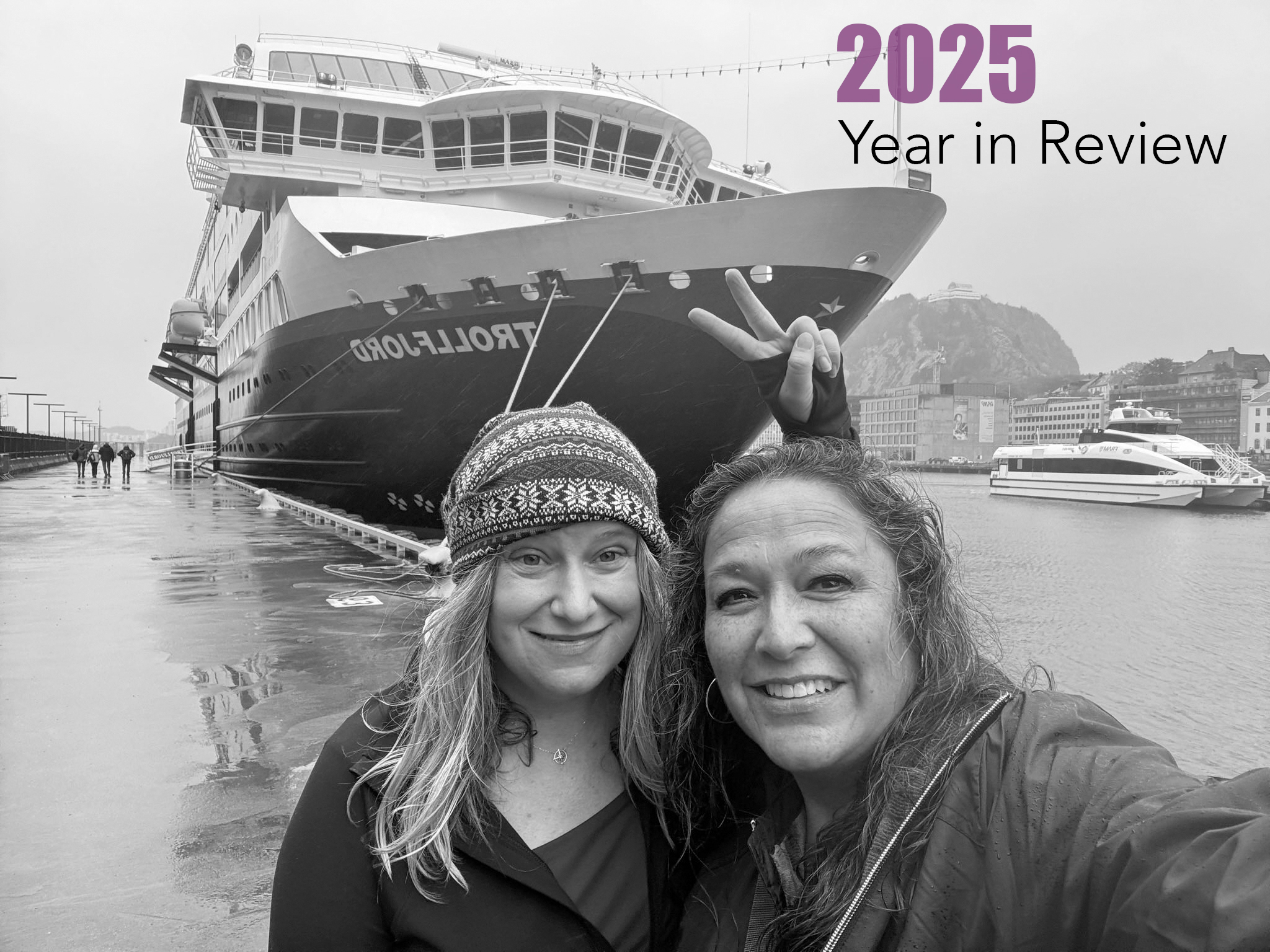 Photo of Melissa and Christina in front of the ship M.S. Trollfjord