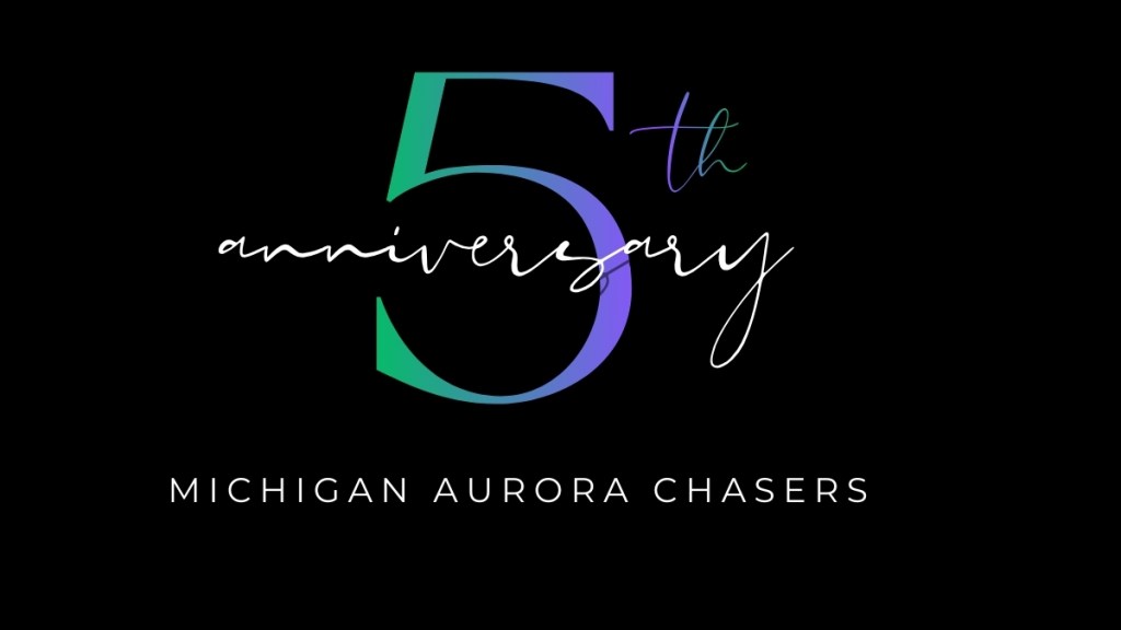Stylized 5th Anniversary graphic with green and purple five