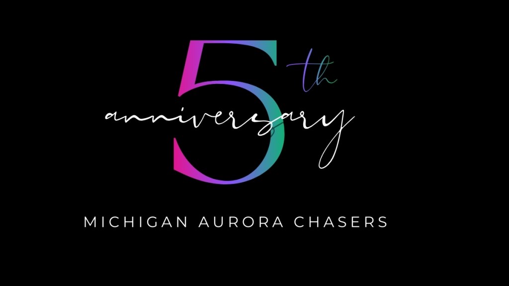 5th Anniversary graphic with stylized pink, purple and green five