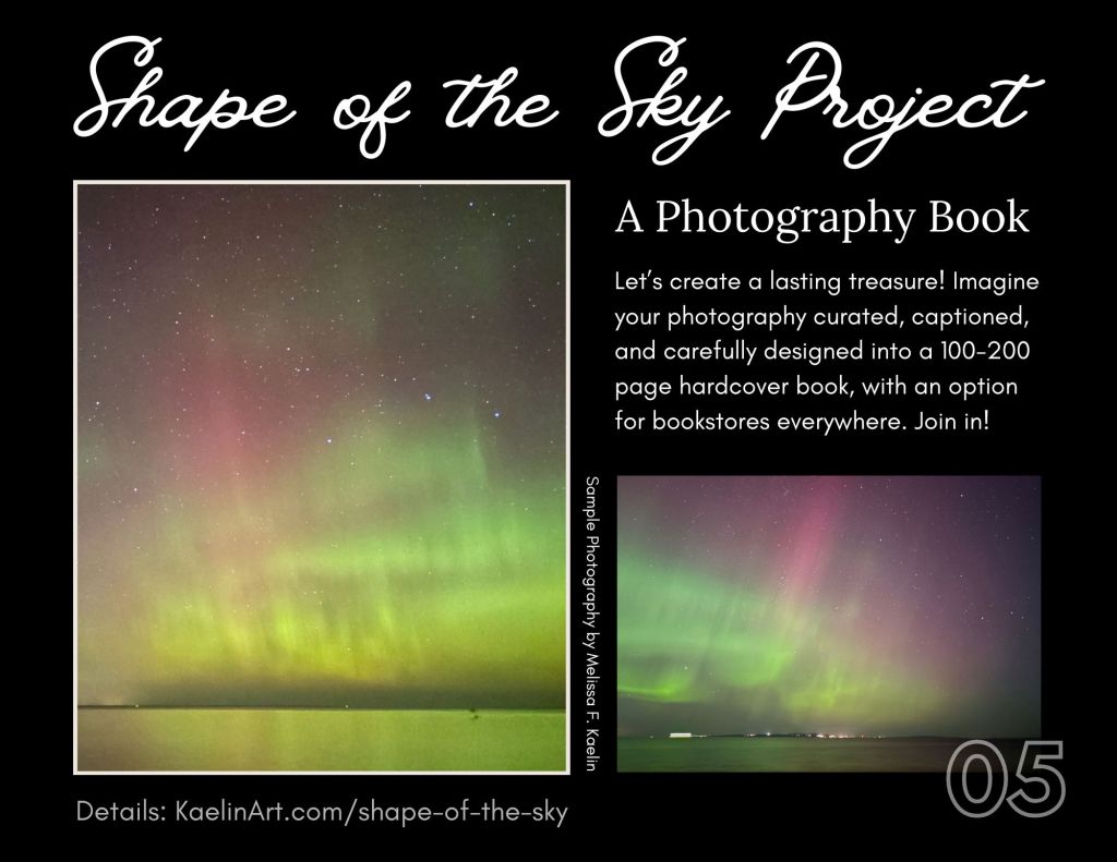 Graphic of the Shape of the Sky Project with Aurora photos and text explaining the goal to create a book